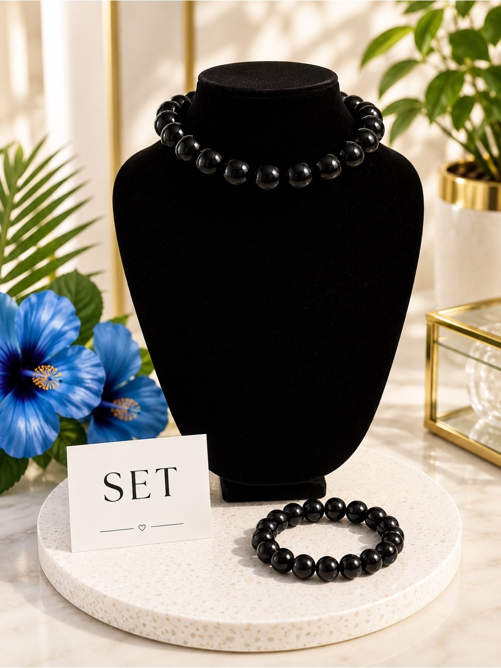 Black Beaded Necklace and Bracelet Set by